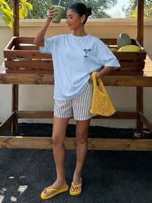 Women's Casual Loose Fit Beach T-Shirt With Lobster Stripe And Letter Print, Summer Beach Shirt, Pastel Colors, Suitable For Vacations, Graduation Trips, Beach Parties, Music Festivals - 天藍色 2 - 查看 5
