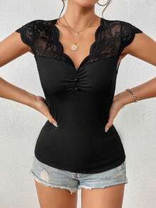 Camiseta Ajustada De Manga Corta Con Borde De Encaje Para Mujer - Negro - Ver 4