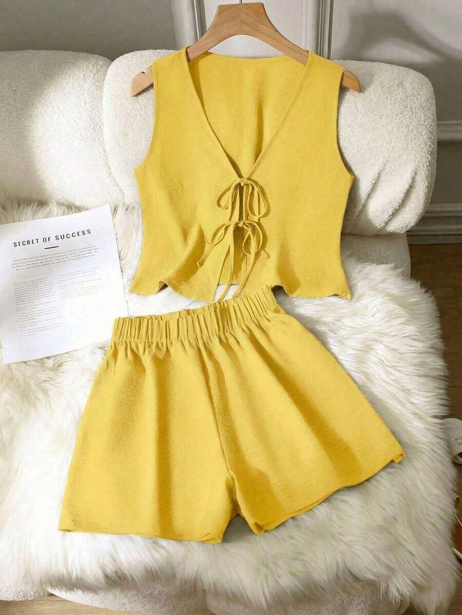 Set de 2 piezas de conjunto informal de mujer de unicolor con nudo, elegante para primavera/verano - Amarillo - Ver 1