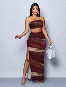 Vestido maxi elegante de fiesta con estampado de rayas abstractas y colores vibrantes, diseño ceñido y sexy, perfecto para salir, fiestas y vacaciones - Multicolor 9 - Ver 7