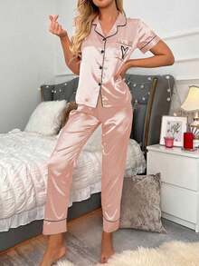 Set de 2 piezas de pijama con top de manga corta y pantalones con bordado de corazón de seda sintética - Rosa Pálido - Ver 7