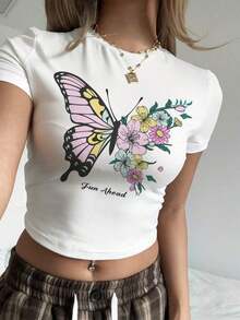 Conjunto de 3 piezas informal y minimalista para mujer con estampado de mariposa y flor, camiseta de cuello redondo, manga corta y cropped para verano - Multicolor 3 - Ver 3