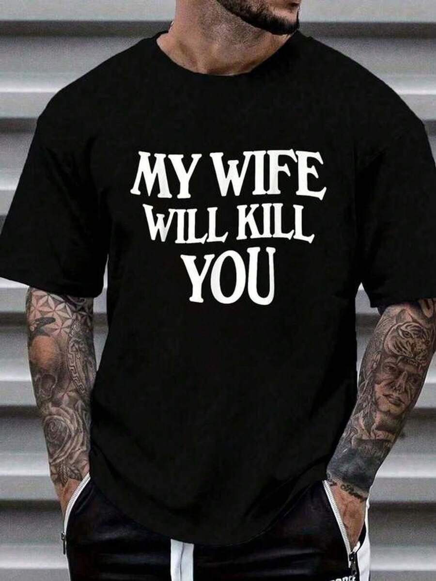 100% Cotton T-Shirt With 'My Wife Will Kill You' Print For Men And Women, Fashionable Casual Graphic T-Shirt - 黑色 - 查看 1
