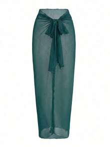 Conjunto de traje de baño de una pieza sin mangas de unicolor con falda pareo para mujer - Verde - Ver 4