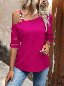 Camisa asimétrica de cuello transparente con contraste de malla - Rosa Fucsia - Ver 5