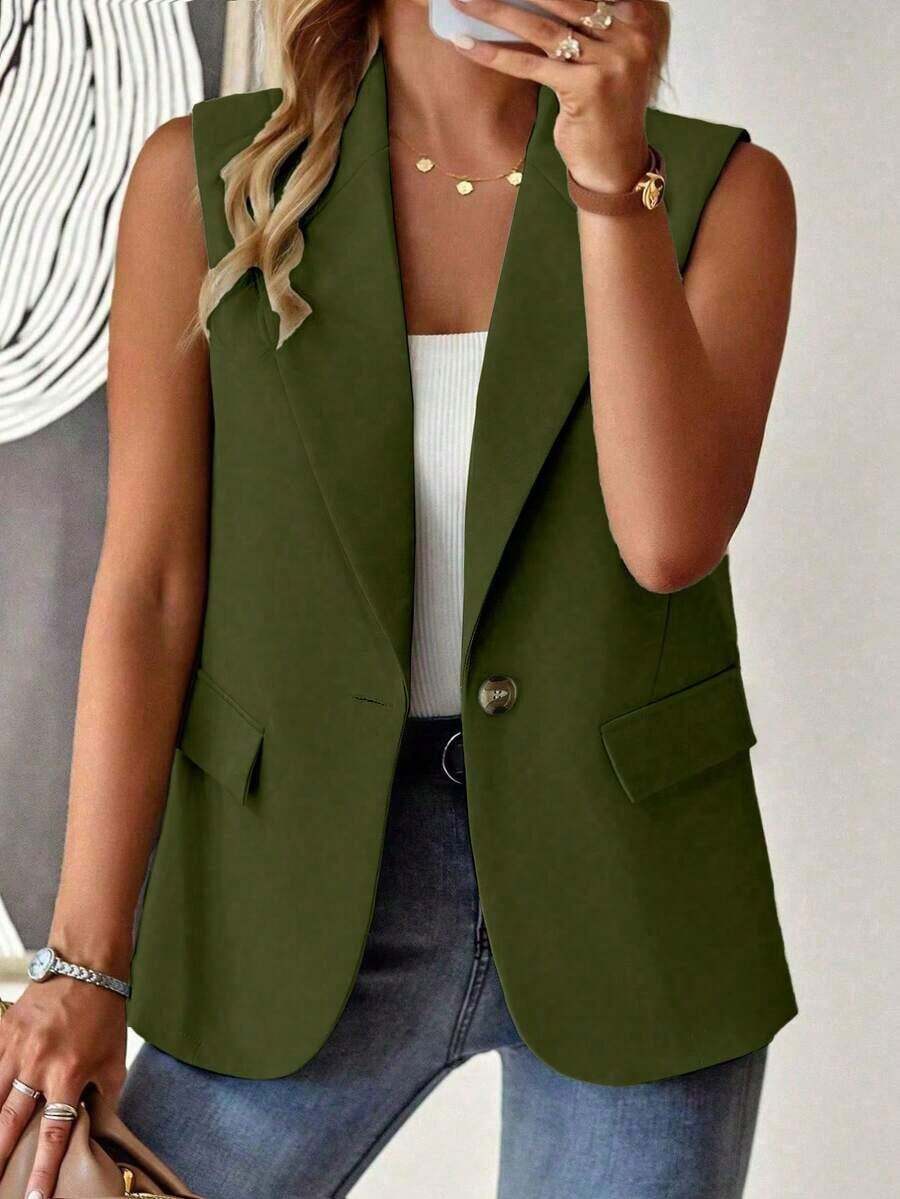 informal sin mangas con cuello francés y botones de unicolor para mujer de talla grande - Verde militar - Ver 1