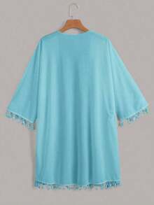Kimono suelto con mangas con flecos de unicolor para mujer, adecuado para vacaciones - verde menta - Ver 2