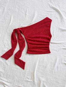 Top ajustado de mujer de hombros asimétricos con tirantes de amarre en color amarillo pálido, adecuado para fiesta, vacaciones, festival de música, estilo bohemio, cita de vacaciones, té de la tarde - Rojo 2 - Ver 2