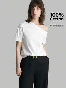 Camiseta de mujer de manga corta y hombro asimétrico, primavera/verano 2026.Camiseta casual urbana elegante con cuello asimétrico, adecuada para oficina, maestros, invitados de boda, vacaciones, casual de negocios, versátil - Blanco - Ver 2