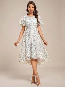 Vestido de dama de honor de gasa con pliegues y mangas con volantes, vestido de noche elegante para invitados de boda en primavera - Multicolor - Ver 3