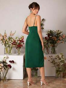 Vestido de dama de honor con abertura lateral y detalle envolvente en color rojo borgoña - Verde Oscuro - Ver 3