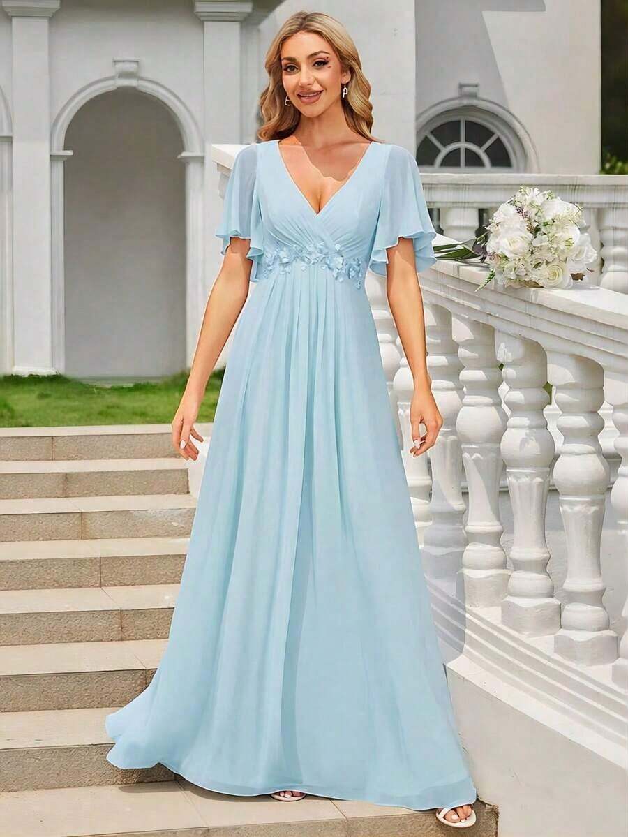 Elegante vestido de dama de honor de gasa con cuello en V, mangas con volantes bordados y plisados, vestido de noche formal para invitados de boda - Celeste 3 - Ver 1