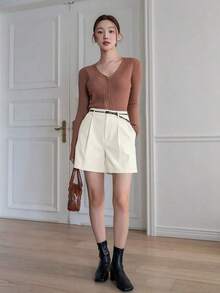 Pantalones cortos de mujer de cintura alta con bolsillos y plisados, de unicolor, para el verano - Blanco - Ver 3