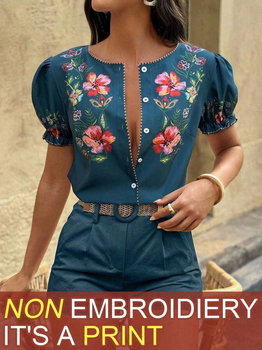 Blusa estampada de mujer con estilo de vacaciones - Multicolor 5 - Ver 1