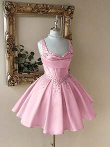 Vestido elegante, lujoso y noble de estilo palaciego con hombros abiertos, escote corazón sin tirantes, silueta de sirena, decoración de perlas falsas y bajo acampanado, adecuado para despedida de soltera, boda, graduación, vacaciones y fiesta de - Rosa - Ver 7