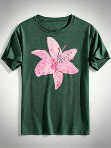 1 Piece Of Women's Plus Size Loose Fit T-Shirt, 100% Cotton, With Dropped Shoulders, Printed With Watercolor Pink Lily Designs, Perfect For Summer Beach, Vacation, Etc. - 綠色 - 查看 4
