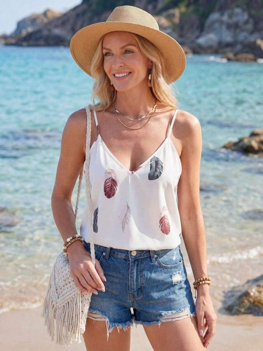 Top de tirantes casual con estampado de plantas para mujer, top de verano para vacaciones, top de verano para mujer, top tipo camiseta de verano casual, top tropical de verano, top casual de verano para mujer, top tipo camiseta de verano para mujer, - Blanco - Ver 1