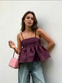 2026 Primavera/Verano Elegante Parte Superior de Tirantes Finos con Cuello Cuadrado y Espalda Descubierta en Color Rosa con Volantes en el Bajo y Conjunto Morado, Ropa de Vacaciones para Mujer, Estilo Callejero, Atuendo de Cumpleaños, Ropa de Crucero, Vestimenta de Vacaciones, Conjunto de Mujer, Ropa de Verano, Moda Primaveral, Atuendo de Concierto - rojo púrpura - Ver 4