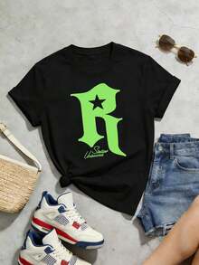 Camiseta de manga corta con cuello redondo suave y casual para mujer, con estampado gráfico de la letra R en forma de estrella, adecuada para uso diario en primavera y verano. Blanca. - Negro - Ver 5