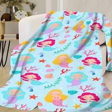 1pc Of Cozy Flannel Throw Featuring Little Mermaids On A Blue Backdrop, Incredibly Soft And Warm, Ideal For Camping, Sofa, Bed, And Office Use - A Versatile Blanket For All Seasons, Stylish Decoration, And A Perfect Gift - Chăn ga trải giường. - Xem 7