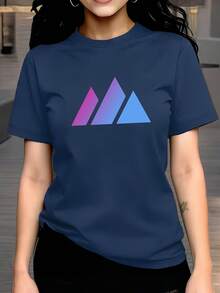 Women's Top For Spring Summer, 100% Casual, Short Sleeve And Round Neck, T-Shirt With Printed Design And Geometric Pattern - Navy Blue - View 1