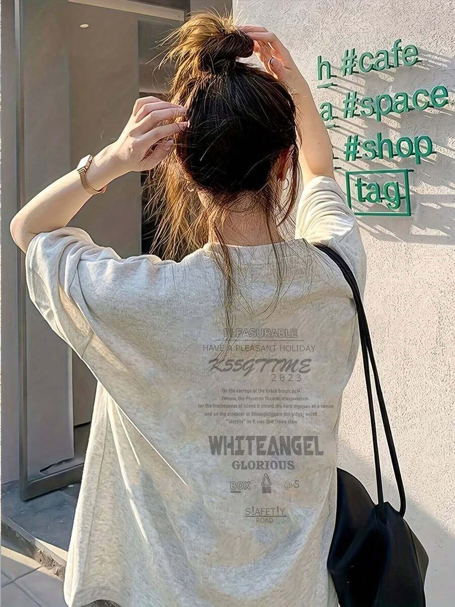 Women's Short Sleeve T-Shirt, Summer Design, Slim Fit, Cartoon Print, Short Sleeve T-Shirt, Sheer Short Sleeve T-Shirt, Top, Undershirt #3333 - 斑駁灰 - 查看 1