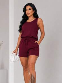 Women's Set: Loose-Fitting Tank Top With Wide Straps + Shorts. Elegant, Casual, Conservative/Modest Luxury Women's Set. Fabric: None. Suitable For: Formal Office And Evening, Photoshoot, Night, Wedding. - 酒紅色 - 查看 2
