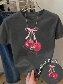 Women's Casual Black Short Sleeve T-Shirt, Polyester, Cherry Print, Round Neck, Regular Fit, For Everyday Wear IMVH - 深灰色 - 查看 2