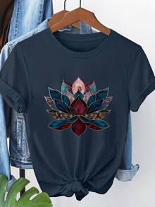 Short-Sleeved T-Shirt With Lotus Print 8149 - 深藍色 1 - 查看 1
