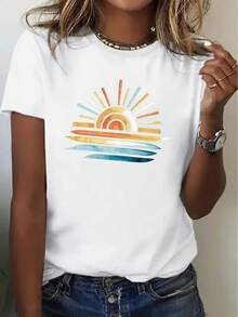 Camiseta Casual de Cuello Redondo para Mujer, con un Vibrante Diseño de Amanecer - Mangas Cortas, Tela Ligera, Opción Perfecta para Primavera y Verano, Top de Verano| Camiseta con Estampado de Amanecer| Textura Brillante - Blanco - Ver 7