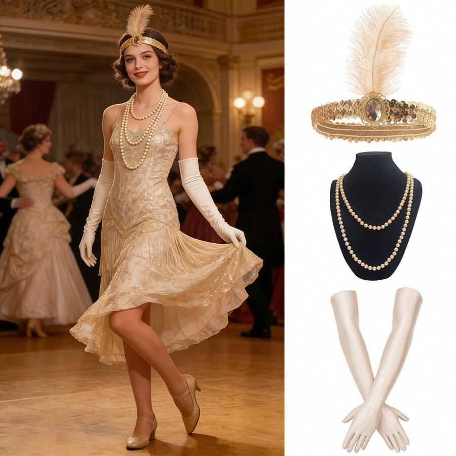 1920s Ladies' Vintage Evening Party Dress Set | Elegant Retro Additions, Suitable For Vintage Balls, Single Party, Masquerade, Carnival,Halloween - Multicolor - View 1