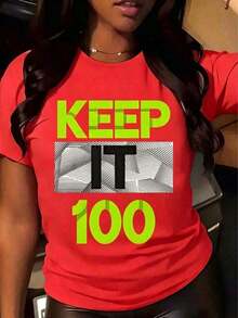"Keep It 100" Graphic T-Shirt For Women - Neon Green Text With Bold Design - Casual Crew Neck T-Shirt For Everyday Wear - Unisex, Suitable For Everyday Casual Outfits, Short Length Summer T-Shirt, Retro Print T-Shirt Y2K, Elegant Party Outfit, T-Shirt For Elegant Ladies, Blouses Suitable For Curvy Women, Prom Skirts, Casual Wear, Adorable Animal Print, Fun Letter Print - 紅色 - 查看 7