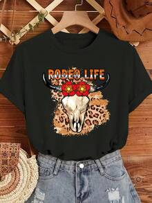 New Women's Casual Printed T-Shirt, Ideal For Spring, Summer, And Autumn. Versatile Short-Sleeved Top With A Round Neck, Soft And Breathable, Comfortable Against The Skin, And Cool For Summer. Perfect For Elegant Parties, Stylish Ladies' T-Shirts, Blouses Suitable For Curvy Women, Prom Skirts, And Casual Wear. Features Adorable Animal Prints And Fun Letter Prints. - 黑色 - 查看 1