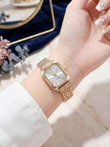 JasonRolls 4PCS/Set, Elegant Ladies' Watch, Simple, Luxurious And Fashionable Square Dial With Unique Design Style, Alloy Material Strap, Including Three Alloy Diamond Studded Bracelets, Suitable For Daily Decoration, Holiday Parties, Back To School Season, Weddings And Other Occasions, Or As The Best Holiday Gift For Friends - Multicolor - View 6