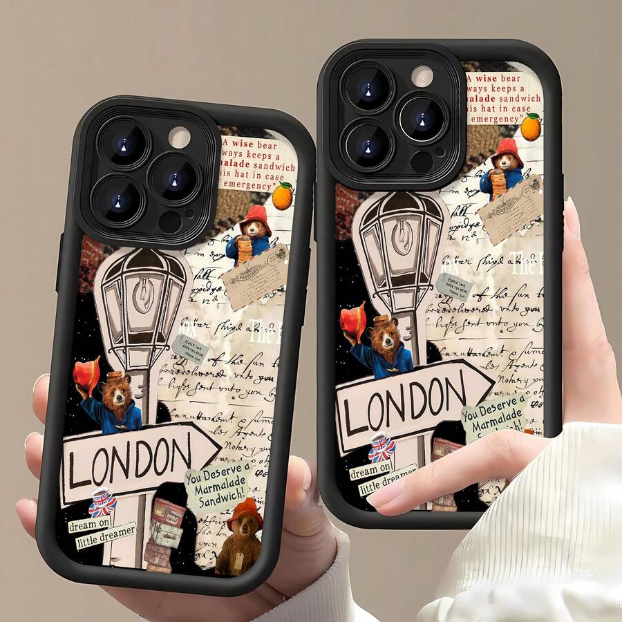 Tema de Londres rojo y azul del oso Paddingtonfunda de teléfono Fundas compatibles con ,Apple,VIVO,OPPO,,, y Honor.Fabricadas en silicona TPU,ofrecen protección contra golpes y caídas.regalos para mamá - Negro - Ver 1