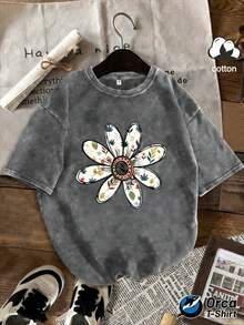 Camiseta de manga corta de punto, estilo vintage, desgastada, holgada y casual, para hombre y mujer, con cuello redondo, estampado floral y pétalos decorados con elementos vegetales coloridos.Lavable a máquina, adecuada para todas las estaciones, perfecta para actividades casuales al aire libre y ropa casual de verano. - Gris - Ver 5