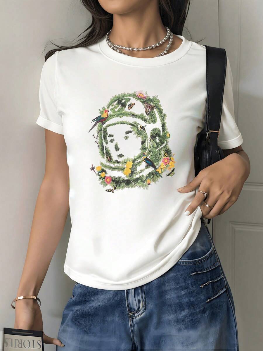 A Face-Shaped Figure Formed By Green Leaves, Colorful Flowers, And Small Birds Symbolizes The Connection Between Nature And Inner Peace. A Stylish Casual Women's T-Shirt For Everyday Wear. - 白色 - 查看 1