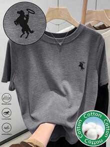 Women's Crew Neck T-Shirt With Men's Embroidered Print - Casual Crew Neck Top - Lightweight T-Shirt Suitable For All Seasons - 黑色 4 - 查看 1