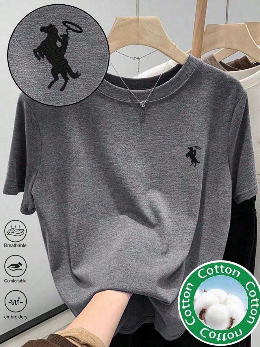 Women's Crew Neck T-Shirt With Men's Embroidered Print - Casual Crew Neck Top - Lightweight T-Shirt Suitable For All Seasons - 黑色 4 - 查看 1