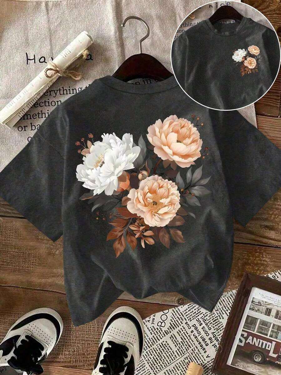 Camiseta gráfica LUNE para mujer, camiseta de manga corta estilo casual urbano, top de verano lindo, tops lindos para mujer, tops de manga corta para mujer, camiseta de manga corta oversize, camiseta con estampado floral, camiseta con estampado floral, camiseta de manga corta oversize, tops para mujer, camiseta vintage lavada. - Gris Oscuro - Ver 1