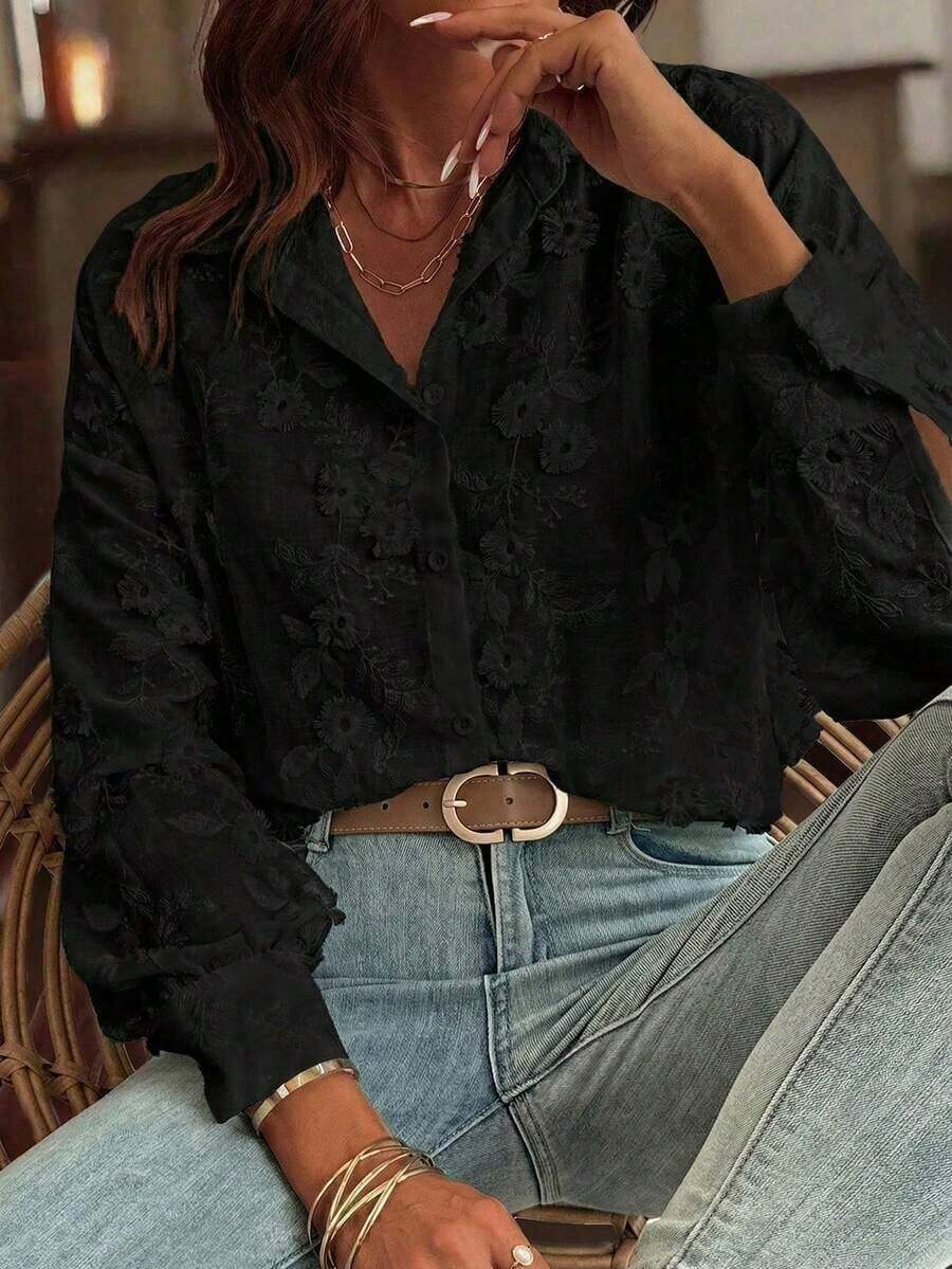 Blusa casual holgada con bordado para mujer EARO, versátil para uso diario en primavera/verano - Negro - Ver 1