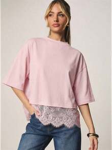 Camiseta de corte relajado y cuello redondo con ribete de encaje para comodidad casual de primavera y verano - Rosa - Ver 7