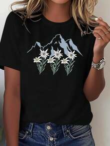 Camiseta de Mujer con Estampado Gráfico de Margarita Blanca y Montaña Minimalista Estilo Graffiti, Manga Corta, Cuello Redondo, Casual, Primavera-Verano, para Ocio Diario, Regalo de Vacaciones, Camiseta de Algodón Moda Verano - Negro - Ver 1