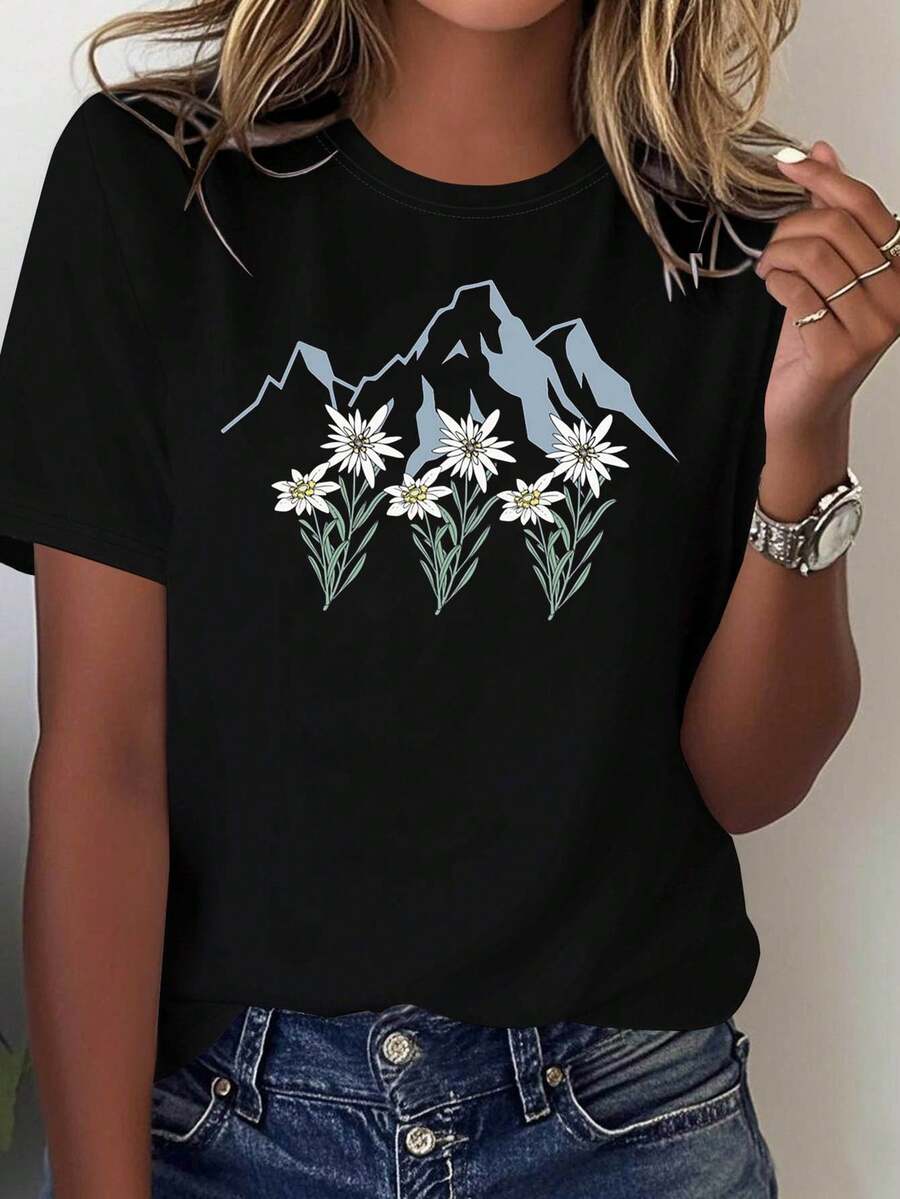 Camiseta de Mujer con Estampado Gráfico de Margarita Blanca y Montaña Minimalista Estilo Graffiti, Manga Corta, Cuello Redondo, Casual, Primavera-Verano, para Ocio Diario, Regalo de Vacaciones, Camiseta de Algodón Moda Verano - Negro - Ver 1