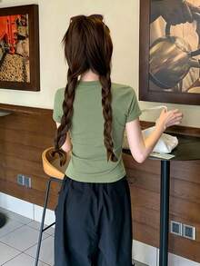 灰綠色圓領短袖T恤，修身顯瘦美式風格百搭時尚短版上衣，女款夏季休閒 - 豆沙綠 - 查看 3