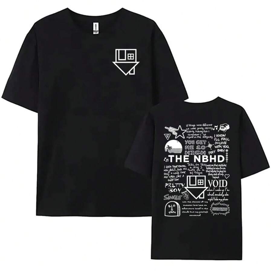 Women's Short-Sleeved T-Shirts, Round Neck, 100% Cotton, Streetwear Style, With Abstract Graffiti Print And Brand Logo, Casual Round Neck T-Shirt, Soft And Breathable Cotton, Ideal For Everyday And Fashionable Outfits, Black Color. - 黑色 - 查看 1