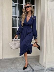 Frenchy Vestido midi elegante de moda con escote en V profundo y cintura para mujer, para el verano - Azul marino - Ver 4