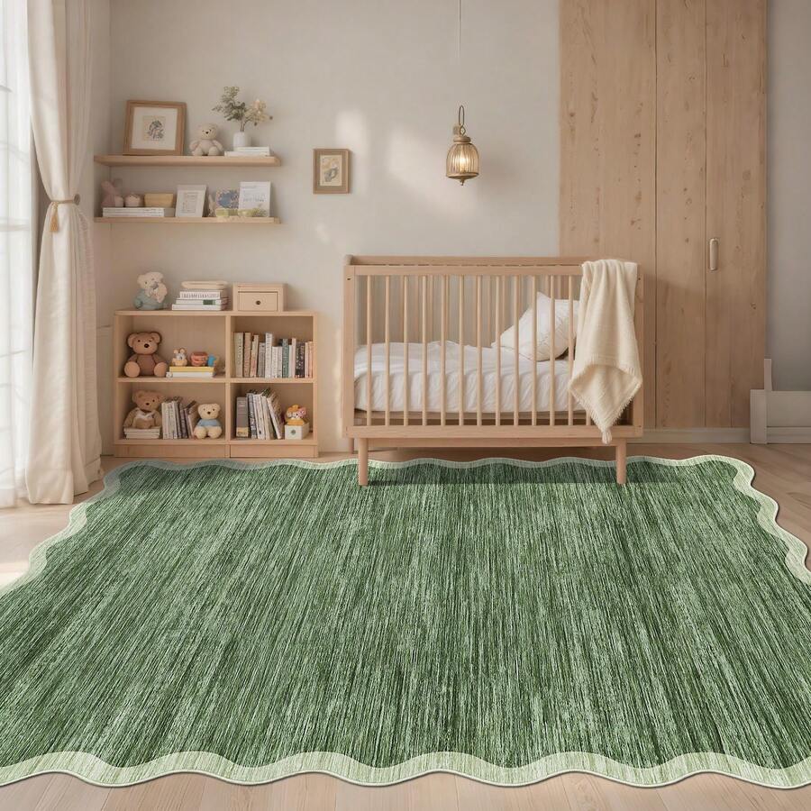 1Pcs Room Decor Modern Washable Scalloped Border Solid Green Area Rug For Living Room Indoor Bedroom Foldable Floor Mats, Soft Low Pile Non Shedding Carpets For Offices Non-Slip Runner For Hallway Dorm - Gray Green - View 1