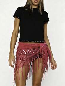 Women Y2K Glam Fringe Belly Wrap, Sequin Embellished Sheer Mesh Asymmetrical Tie Waist Skirt Cover Up For Club Party  Night Out - 粉色 - 查看 1