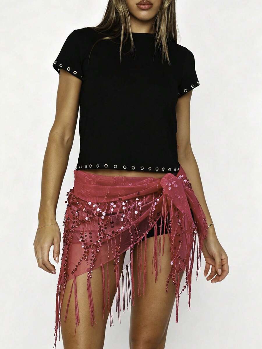 Women Y2K Glam Fringe Belly Wrap, Sequin Embellished Sheer Mesh Asymmetrical Tie Waist Skirt Cover Up For Club Party Night Out - 粉色 - 查看 1